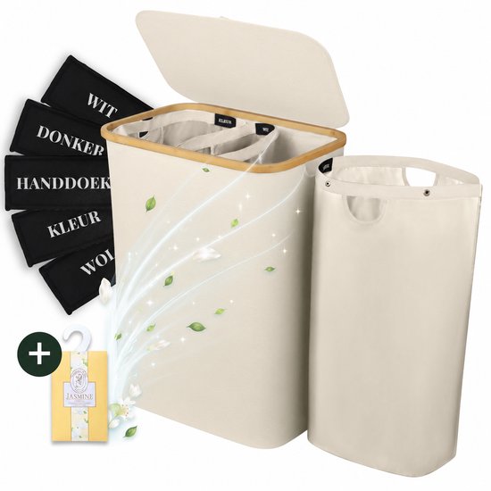Crèmekleurige wasmand met deksel, 3 vakken, bamboe frame, inclusief 5 waslabels en geurverfrisser.