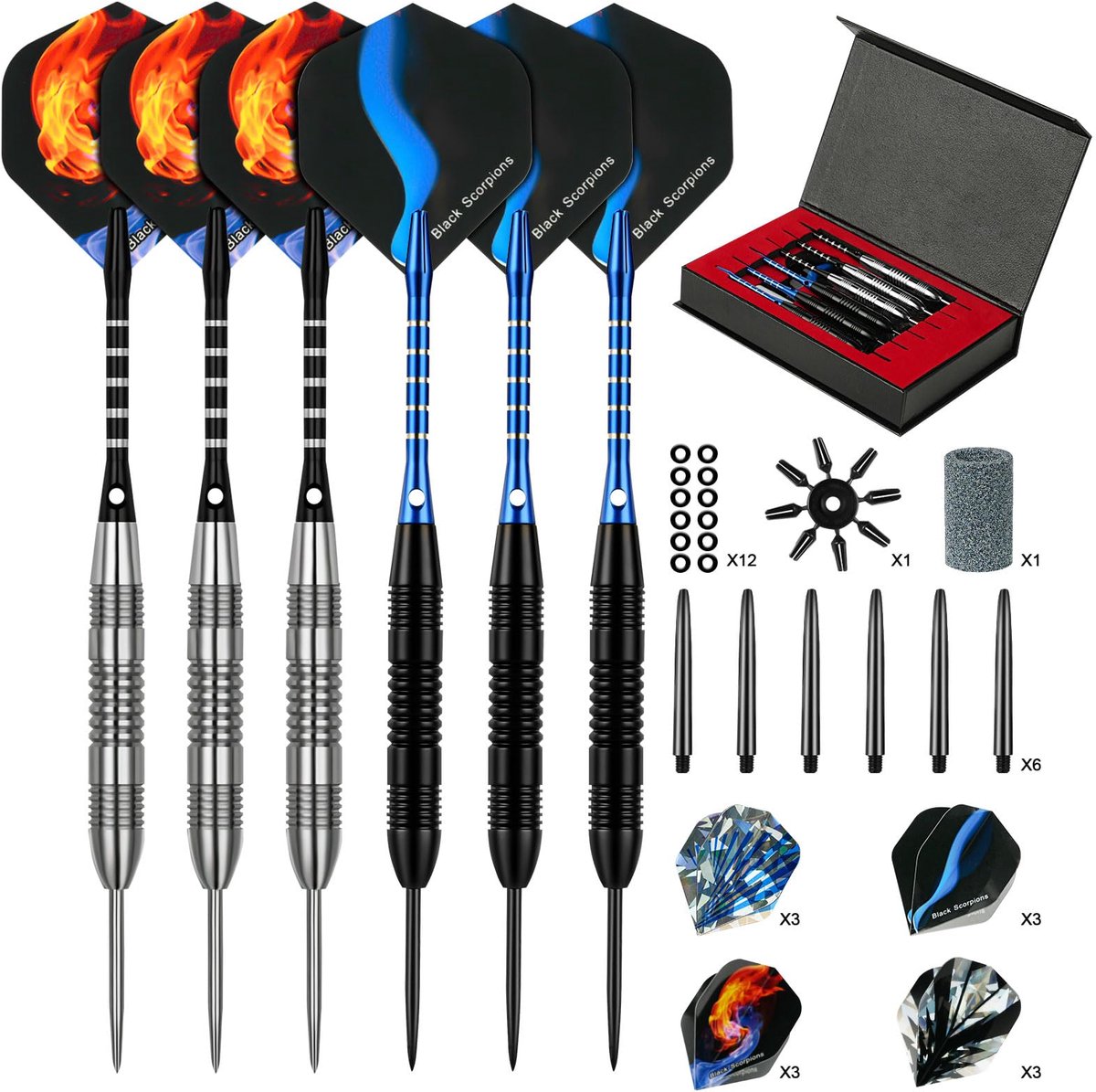 SnelShoppen - Set van 6 Professionele Stalen Dartpijlen 23g met Antislip Roestvrijstalen Schacht, 4 Stijlen Poly-Vluchten, PVC-Schachten, Dartslijper