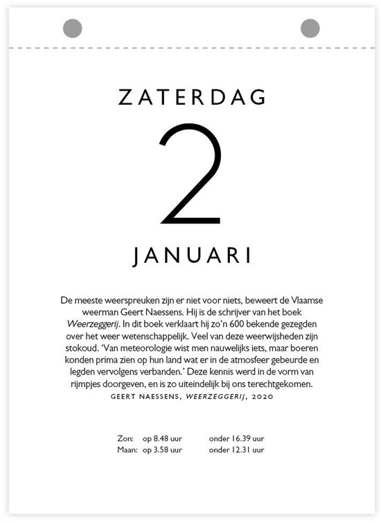 Zaterdag 2 januari, scheurkalenderblad met informatie over weerspreuken van Geert Naessens.