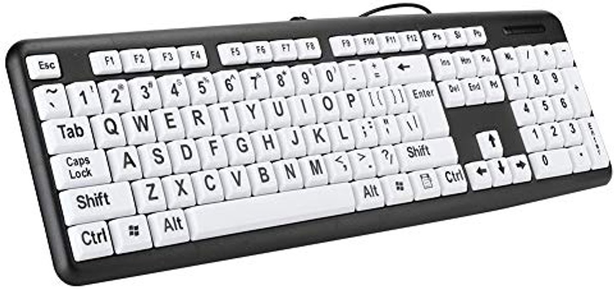 SnelShoppen - Boogiio Computertoetsenbord Met Grote Toetsen en Letters - Zwart Low Vision-Toetsenbord - USB Bedraad Voor Ouderen - Witte Toetsen, US Q