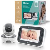 Babyfoon met camera en 4.3 inch kleurenscherm. Camera is wit en grijs, op afstand bestuurbaar.