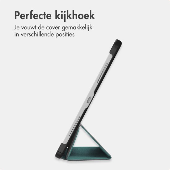 Profil d'un étui de tablette vert foncé pliable dans différentes positions.