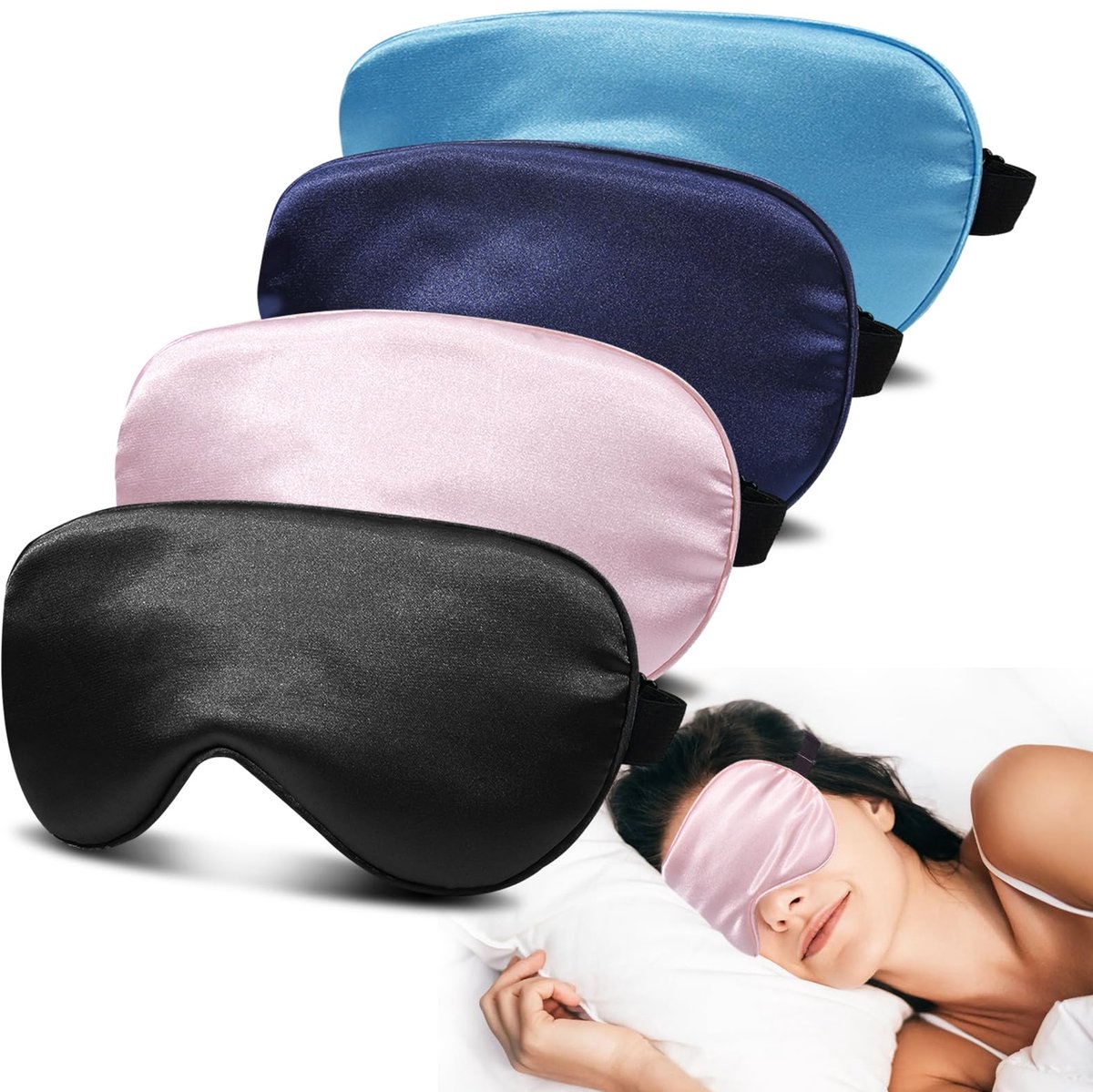 SnelShoppen - Set van 4 Zijden Slaapmaskers voor Dames en Heren - 100% Verduisterend en Superzacht - Verstelbare Riem - Satijnen Oogmasker voor Zijsla