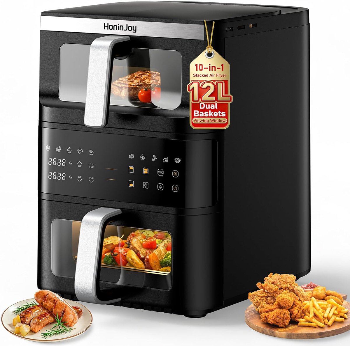 SnelShoppen - Airfryer met Dubbele Mand 4L + 8L - Grote Verticale Compacte Design Airfryer met Papieren Liners - 10-in-1 Voorinstellingen voor Gezonde