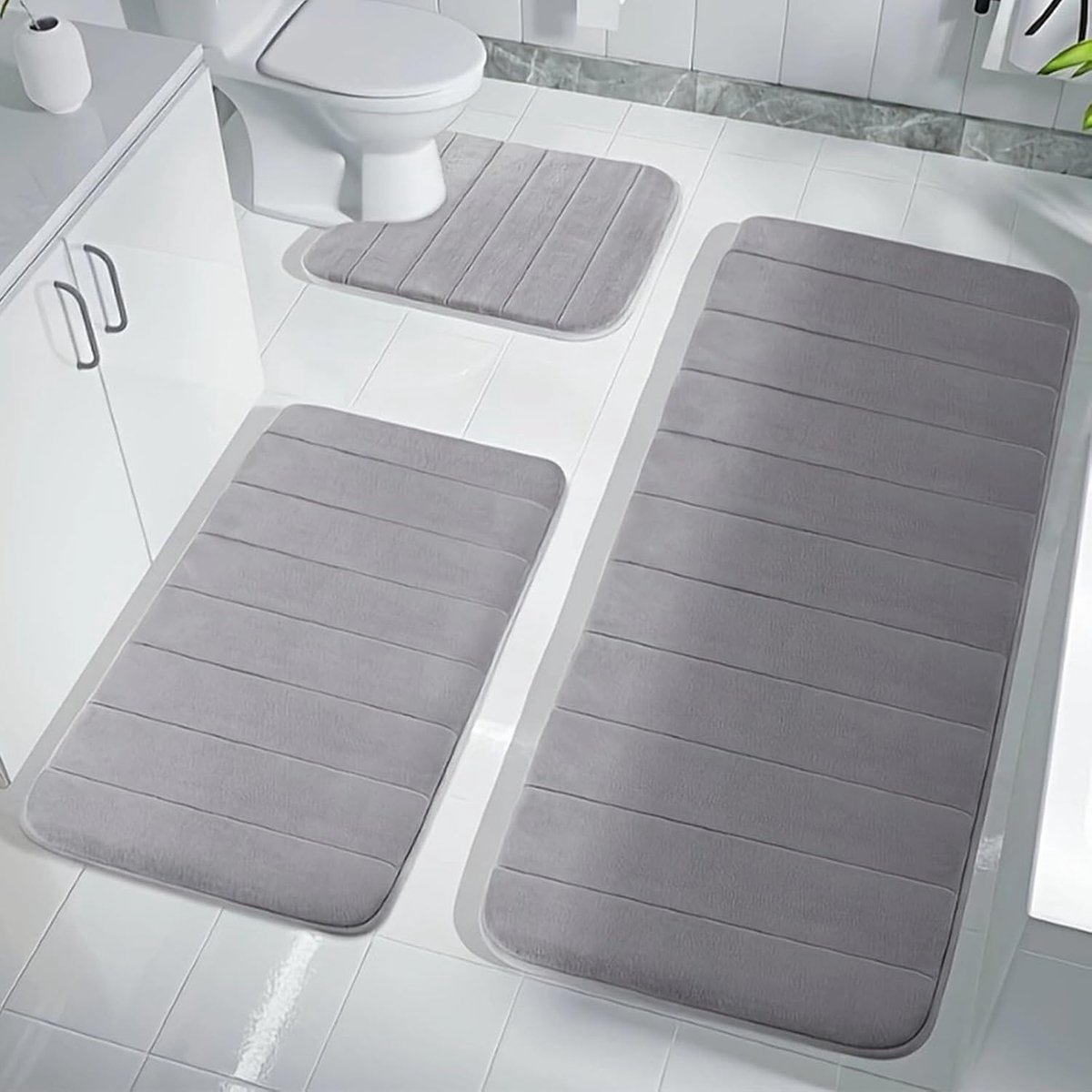 SnelShoppen - 3 Stuks Badmat Set Antislip Pluizig Badkleed Wasbare Douchemat & WC Mat Voetmat voor Badkamer Grijs - Comfortabel en Veilig