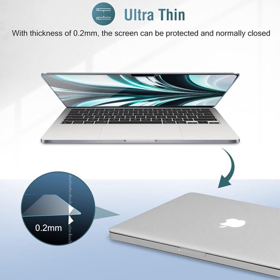 Zilveren laptop met open scherm en de tekst 'Ultra Thin' en dikte van 0.2mm.