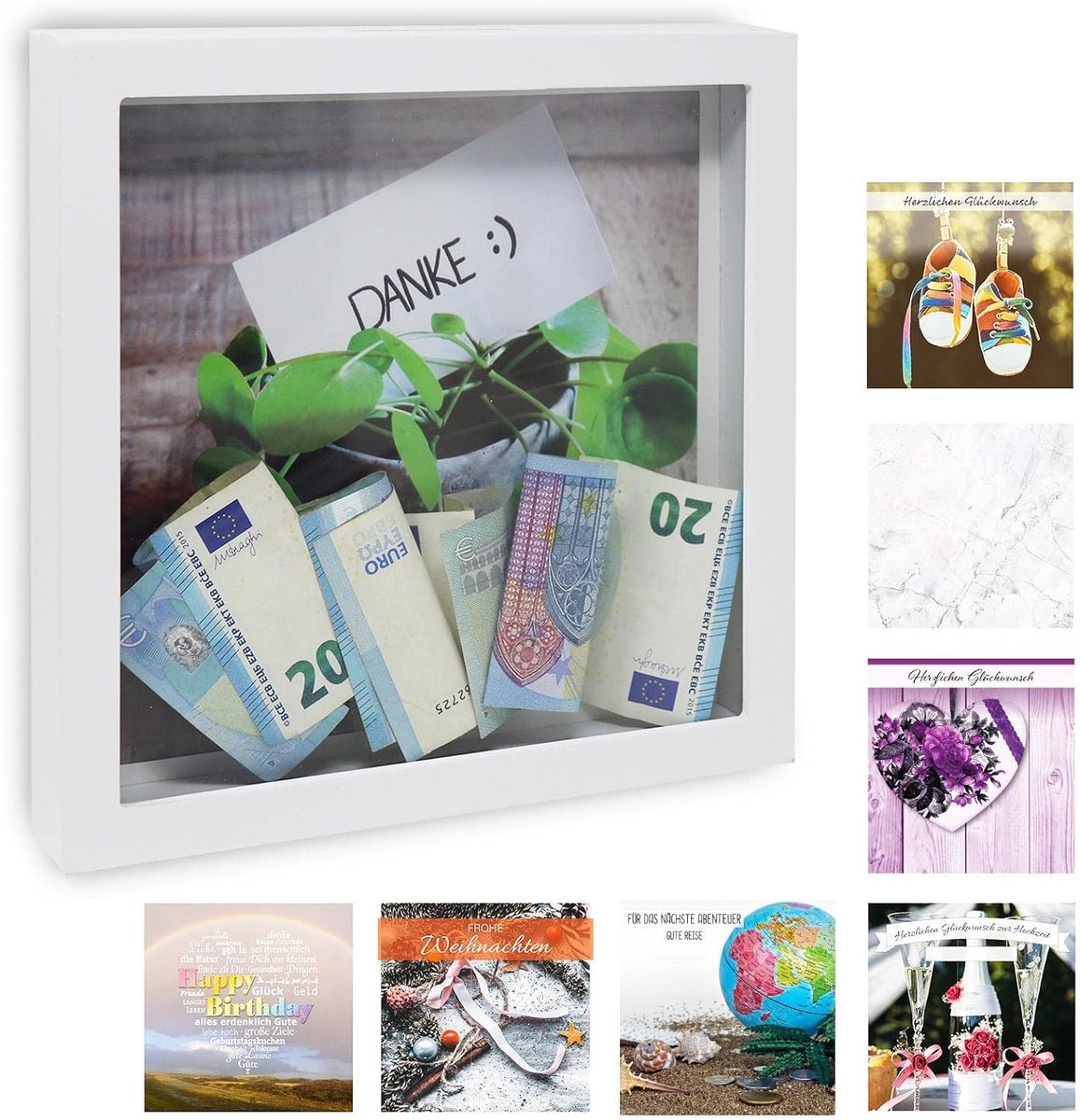 SnelShoppen - Photo frame XL spaarpot wit | incl. 8 verwisselbare ontwerpen | 100% hout/glas 22 x 22 x 3 cm voor cadeaus, feestjes en speciale gelegen