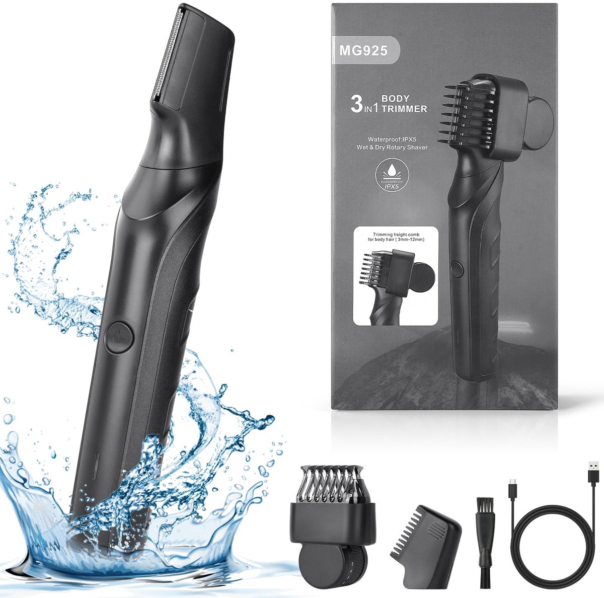 SnelShoppen - Lichaamshaar Trimmer Mannen 3in1, Elektrische Lieshaar Trimmer IPX5 Waterdicht, Oplaadbare Lichaamsgroomer voor Intieme Delen & Schaamha