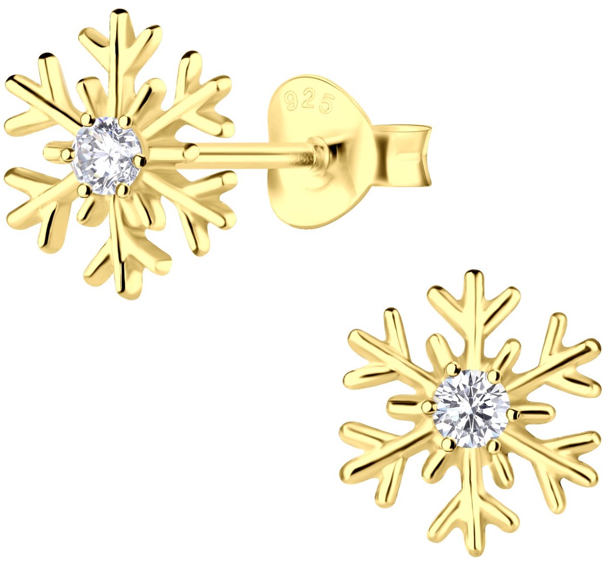 Joy|S - Zilveren sneeuwvlokje oorbellen - 8 mm - zirkonia - sterling zilver 925 - goldplated - vlokje oorknoppen voor dames - kerst oorbellen