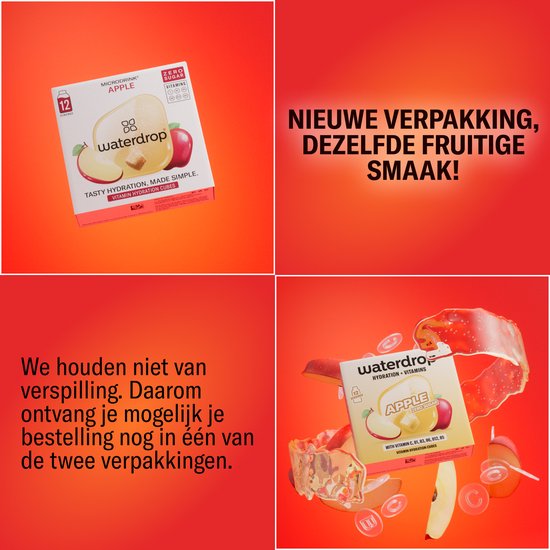 Nieuwe verpakking, zelfde fruitige smaak. Waterdrop apple microdrinks met een appel in de schil. We houden niet van verspilling.