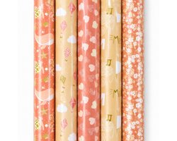Cadeaupapier Set – Happy Vibes Collection (5 Stuks) – 200×70 cm – Zalm & Roze – Hartjes, Bloemen & Botanische Prints – Inpakpapier