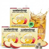 Waterdrop Microdrink Appel multipack, 36 porties. Drie dozen met appel afbeelding, naast een glas ijsthee met appelsap en appelstukjes.