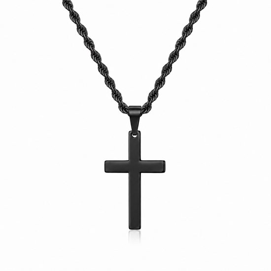 Zwarte kruisketting met een gevlochten ketting en een mat zwart kruis.