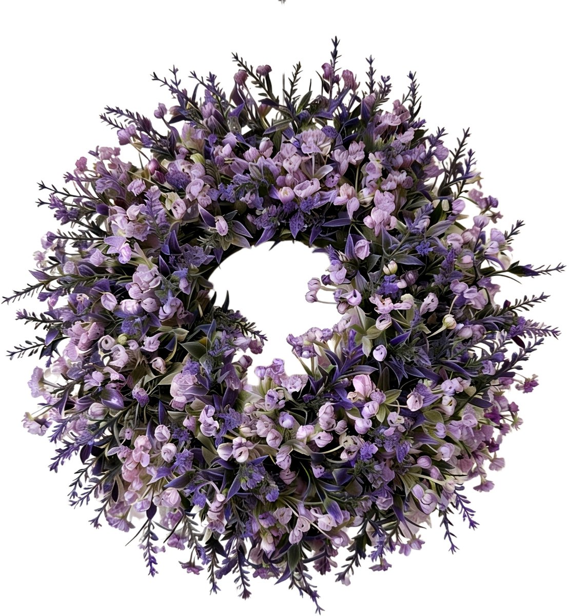 Lavendelkrans van 40 cm voor voordeur, veranda of raam - Grote kunstmatige groene buitenkrans voor huis en landelijke decoratie - Lente, zomer, herfst, alle seizoenen (paars)