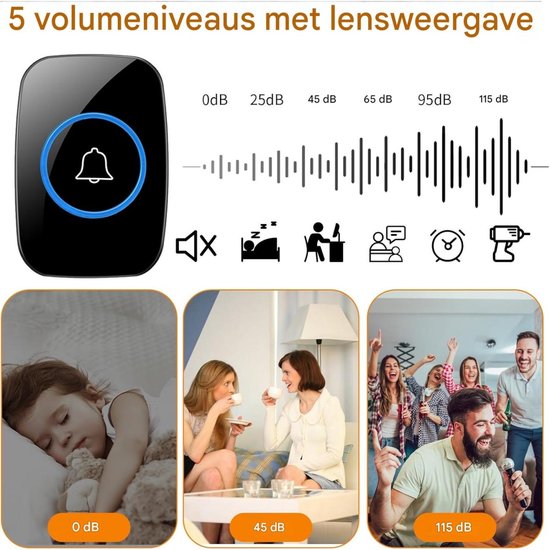 GELLDG Draadloze deurbel - Draadloze, waterdichte deurbel voor buiten – Bereik van 300 m - Inclusief Ontvanger voor in het stopcontact - 60 melodieën & 5 volumeniveaus - IP44-waterbestendig - Zwart — afbeelding 2