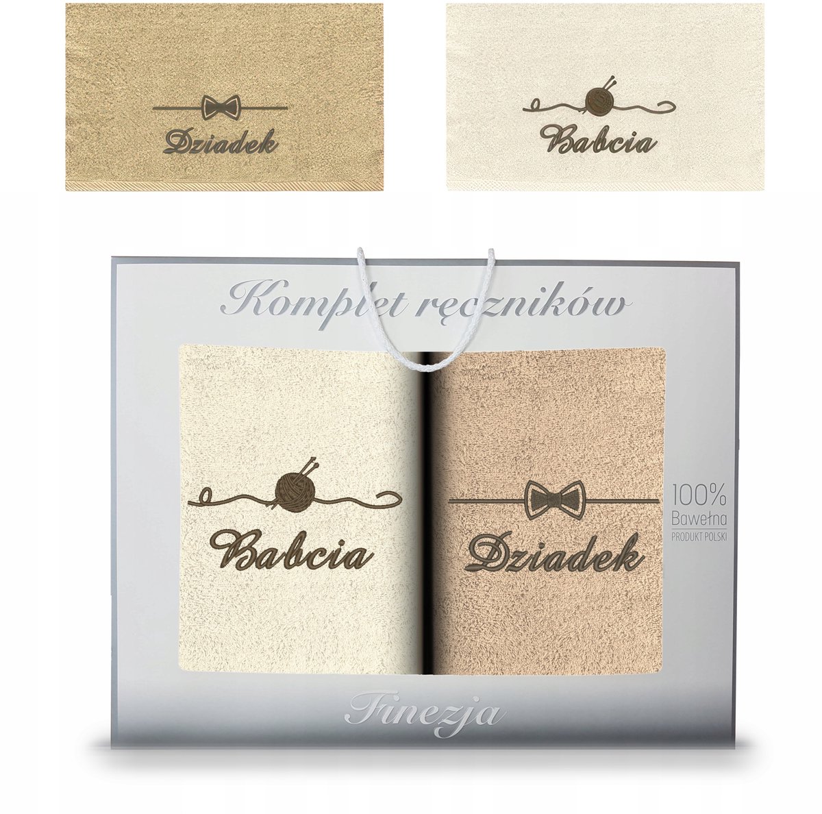 KONEY - Handdoekenset 2-delig - 2 x 70 x 140 cm - Ecru, Beige - met borduring Oma & Opa - in geschenkdoos