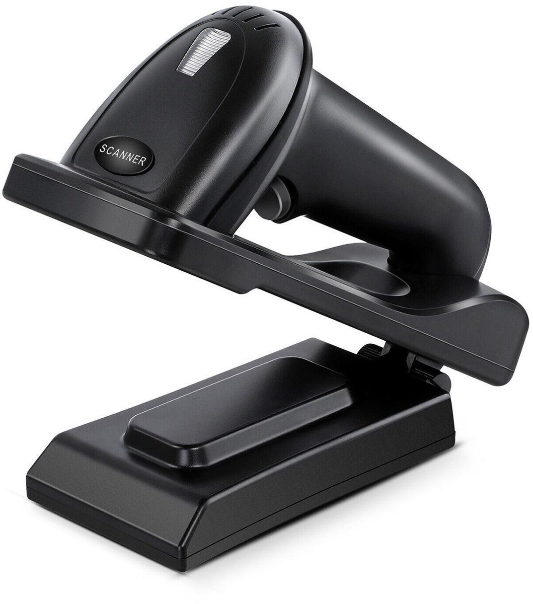 Draadloze QR-codescanner - Express Delivery Barcodescanner - Geschikt voor barcodes en QR-codes - Compatibel met Android-telefoons - Inclusief standaard - Met voet - Bluetooth USB-interface - Zwart