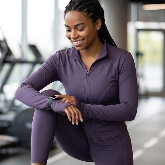 Donker paarse sport jas dames slim fit volledige rits fitness jas yoga jas pilates trui hardloop jas met duim gaten hoge kraag aansluitend model lange mouwen euro maat M — afbeelding 4