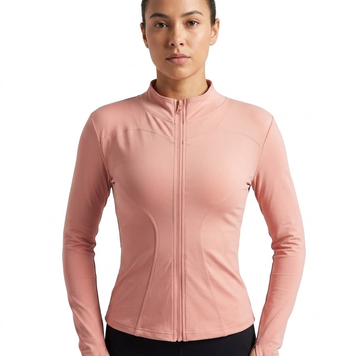 Perzikkleurige sport jas dames slim fit volledige rits fitness jas yoga jas pilates trui hardloop jas met duim gaten hoge kraag aansluitend model lange mouwen euro maat L