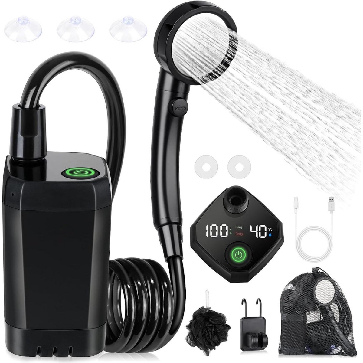 GELLDG Draagbare campingdouche – 6000 mAh – Met waterpomp en temperatuurweergave – Outdoor doucheset – Campingaccessoires – Inclusief douchekop en slang – Geschikt voor tuin, autowassen, strand, reizen en het wassen van huisdieren