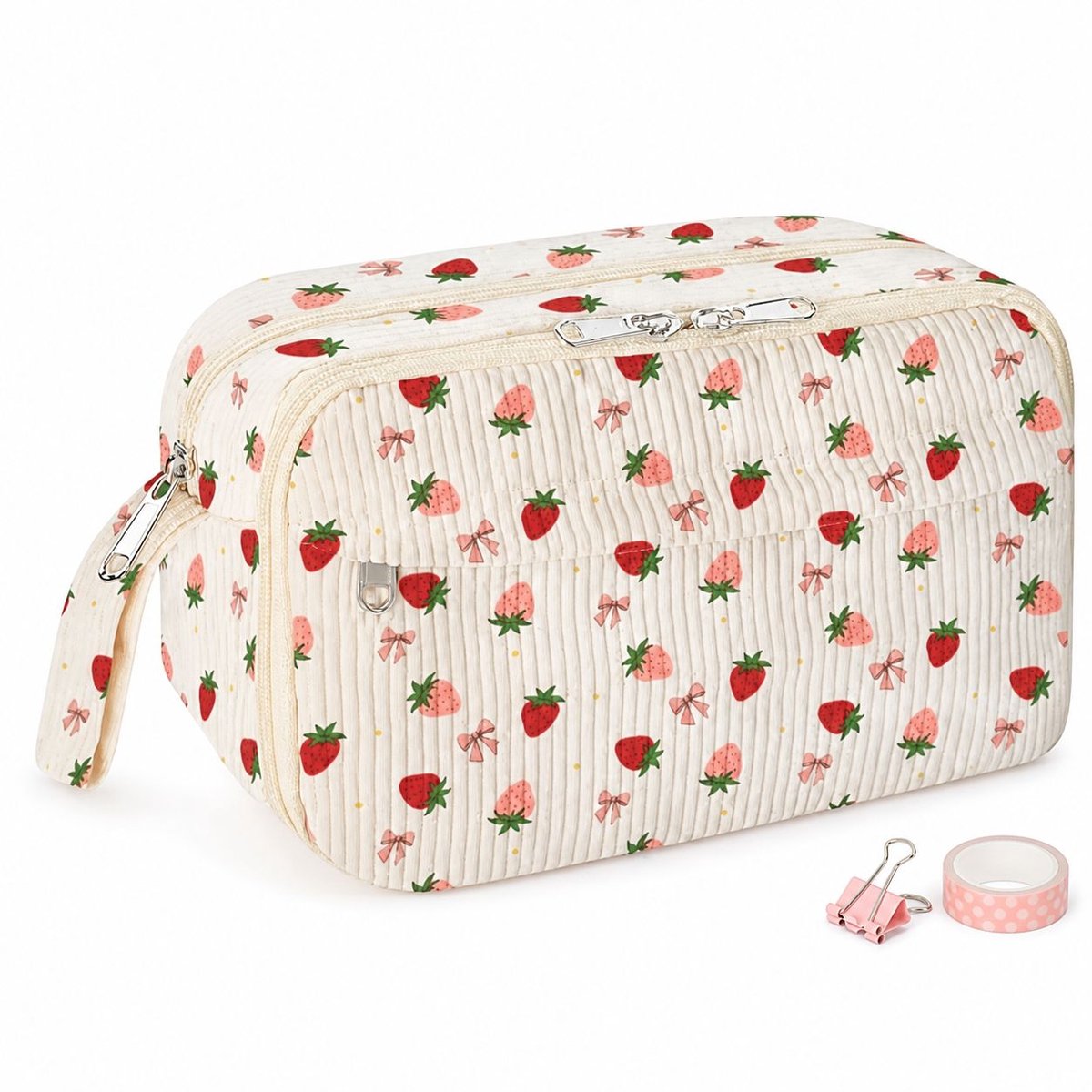 VHV-Pennenetui - Schattige Potloodtas en Etui met Aardbeienprint voor School, Universiteit en Kantoor - Rood en Roze