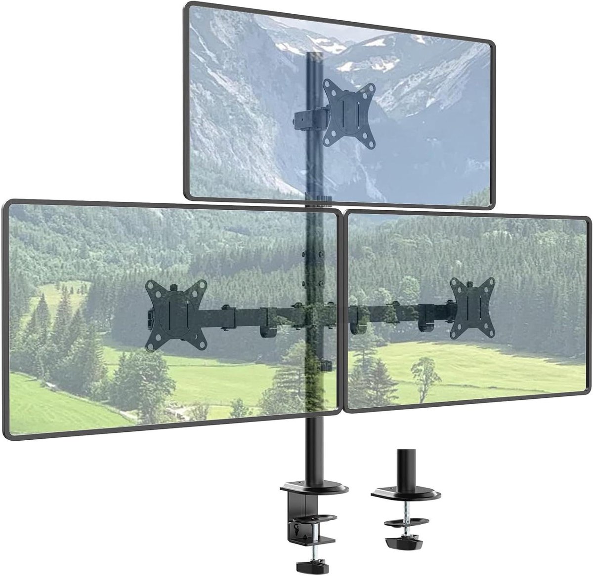 Monitorhouder Drie - Schermstandaard Bureau - Werkplek Organiseren - Extra Hoge Stang - Tot 35 Inch - Zwart