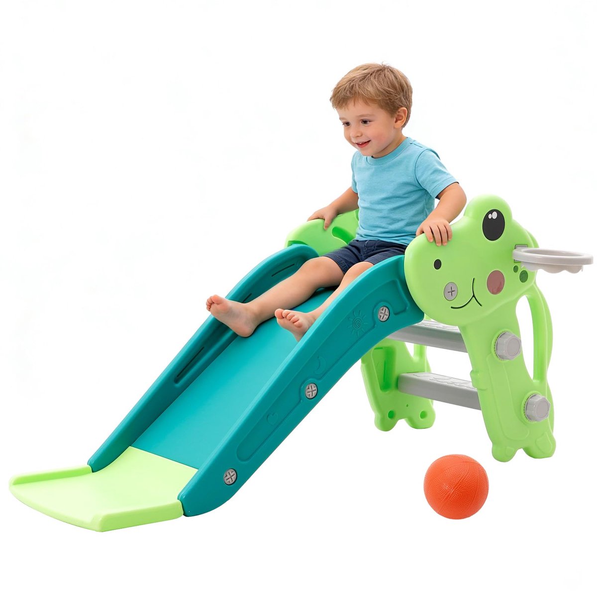 SnelShoppen - Kinderglijbaan 3-in-1 voor kinderen, met basketbalmand, antislip ladder, babyklimmen, afgeronde randen, binnenshuis gebruik, groen, 1 to