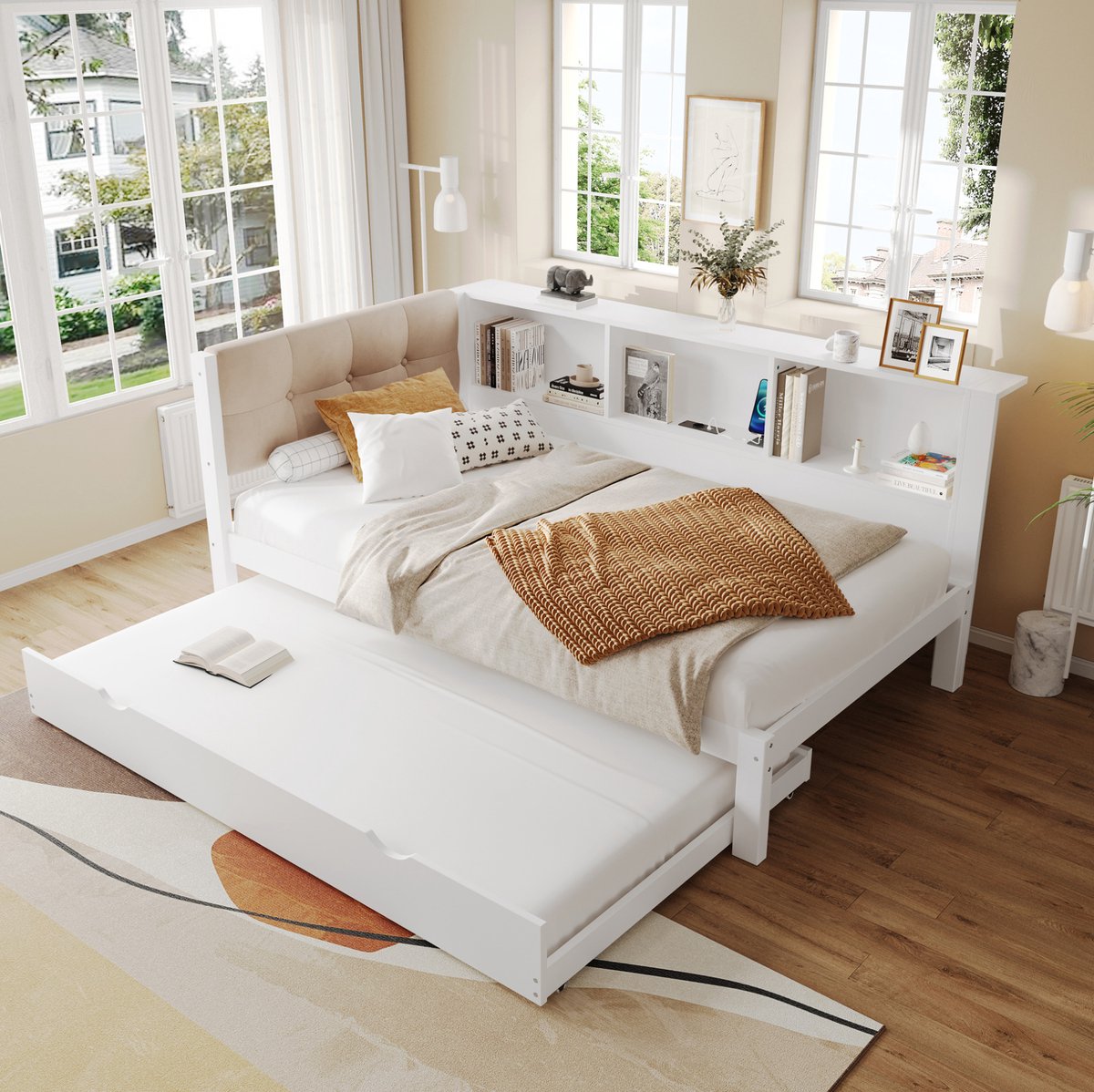 COVREO Bedbank 90x200 cm wit hout met uitschuifbed en USB zonder matras