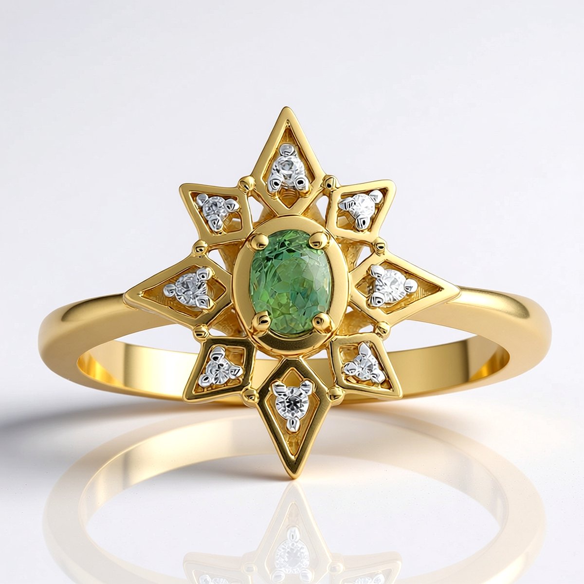 Cavill - Luxe Gouden Ring 9K - Ovale Onverhitte Groene Tanzaniet 0,162 ct - 8 Zirkonia's - Unieke Edelsteen Ring Geelgoud