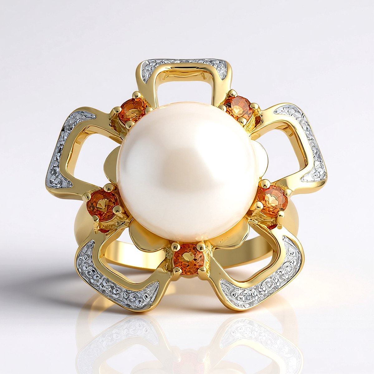 Cavill - Luxe Zilveren Ring met Witte Zoetwaterparel en Citrien - 925 Sterling Zilver Verguld - Elegante Ronde Damesring met Zirkonia