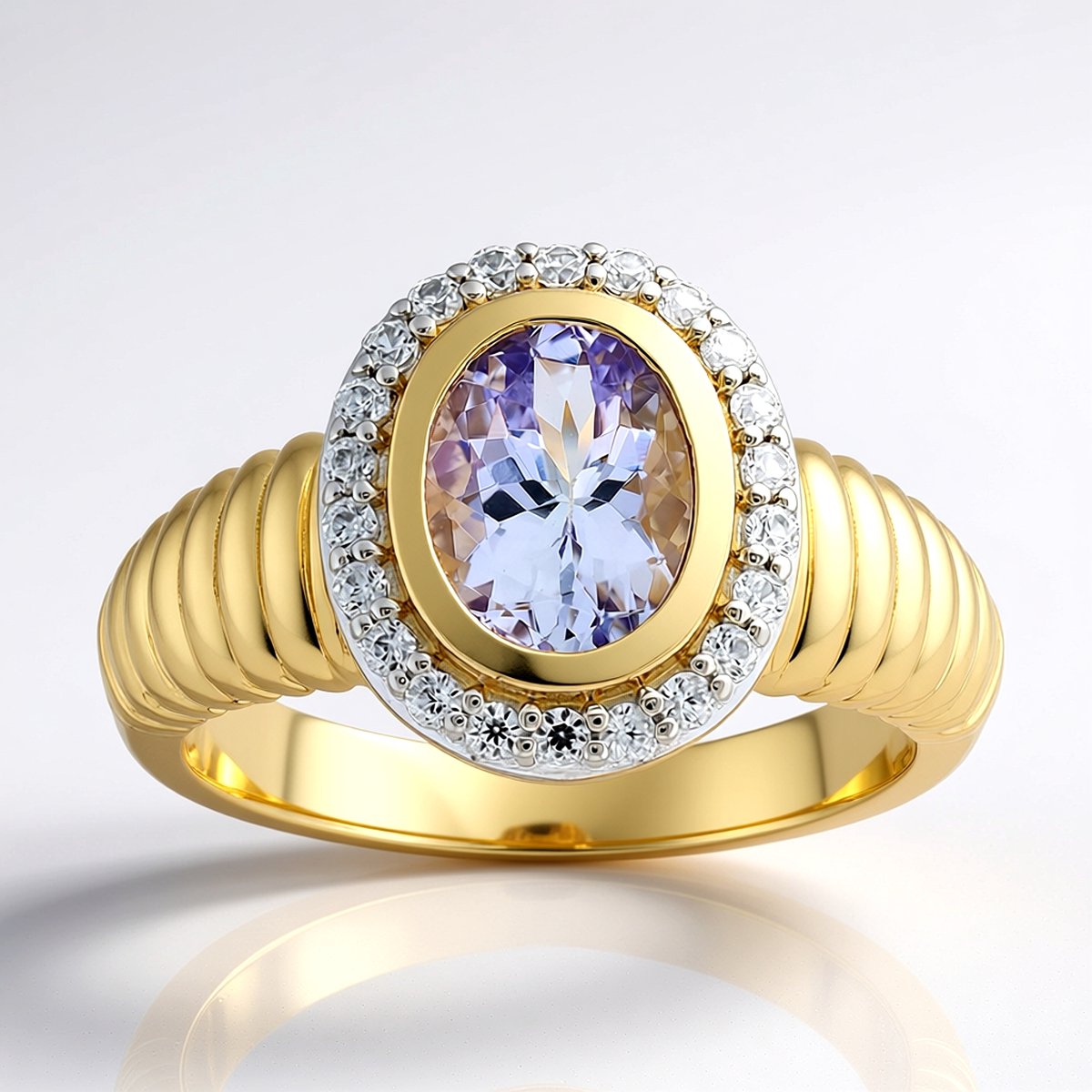 Cavill - Gouden Ring 9K Geelgoud - Onverhitte Roze Tanzaniet 1.08ct Ovaal - 22 Zirkonia 0.27ct - Luxe Bezel Ring Dames