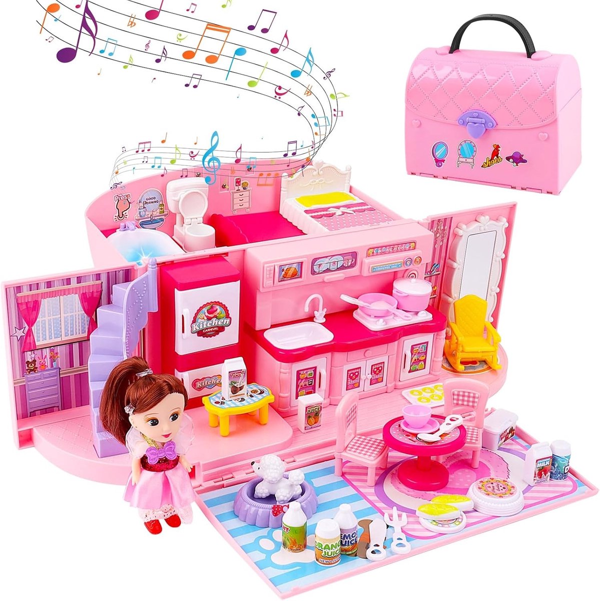2-in-1 Roze Droompoppenhuis Speelset met Licht en Muziek, Inclusief Accessoires en Draagtas - Perfect Cadeau voor Kinderen