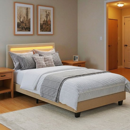 Beige stoffen bed met verlichting, gedecoreerd met kussens en plaids, naast nachtkastjes in een slaapkamer.