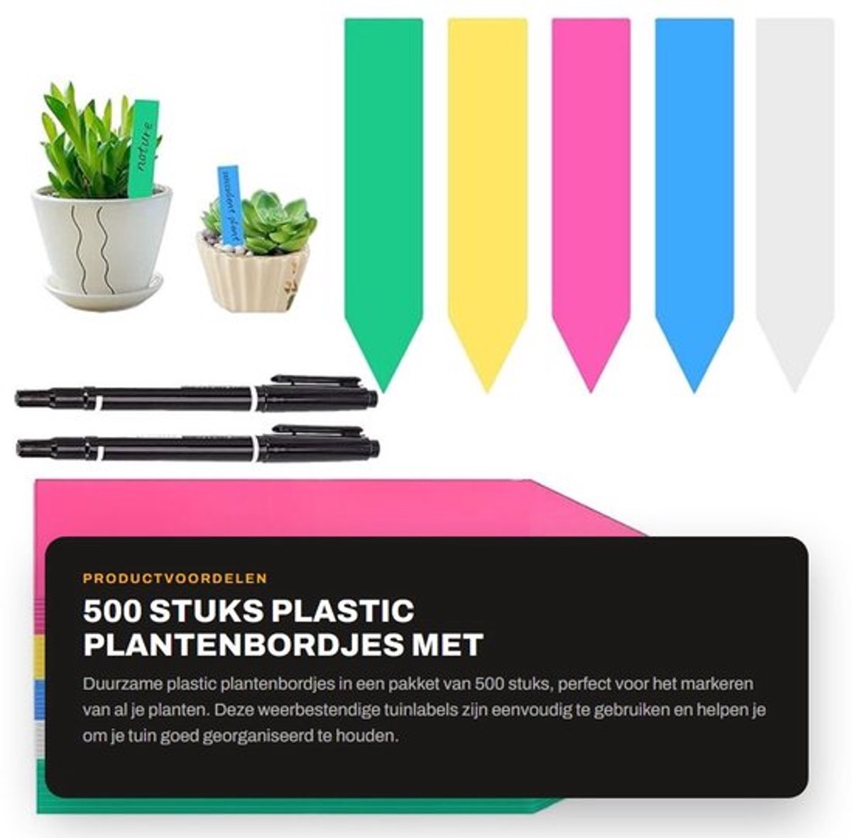 Plantenbordjes Pakket van 500 - Weerbestendige Tuinlabels - Plastic Plantenstekers - 10 cm x 2 cm - Plantenmarkeringen - Inclusief 2 Zwarte Pennen - Plantetiketten