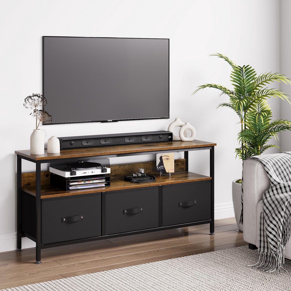 SnelShoppen - TV-kast met 3 stoffen laden, houten tv-bank voor tv tot 55 inch, vintage bruin, 120 x 57 x 30 cm, moderne kast voor woonkamer en slaapka