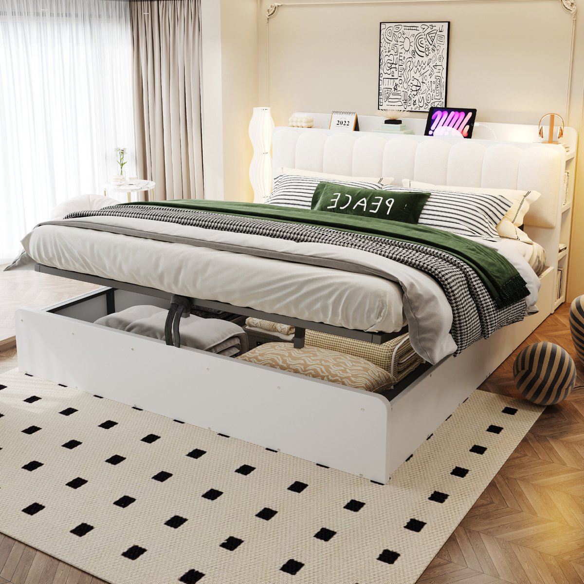 Wishdor Bedframe met opbergruimte - Hydraulisch liftmechanisme - Ingebouwde USB-aansluiting en nachtlicht - Wit - 180 x 200 cm