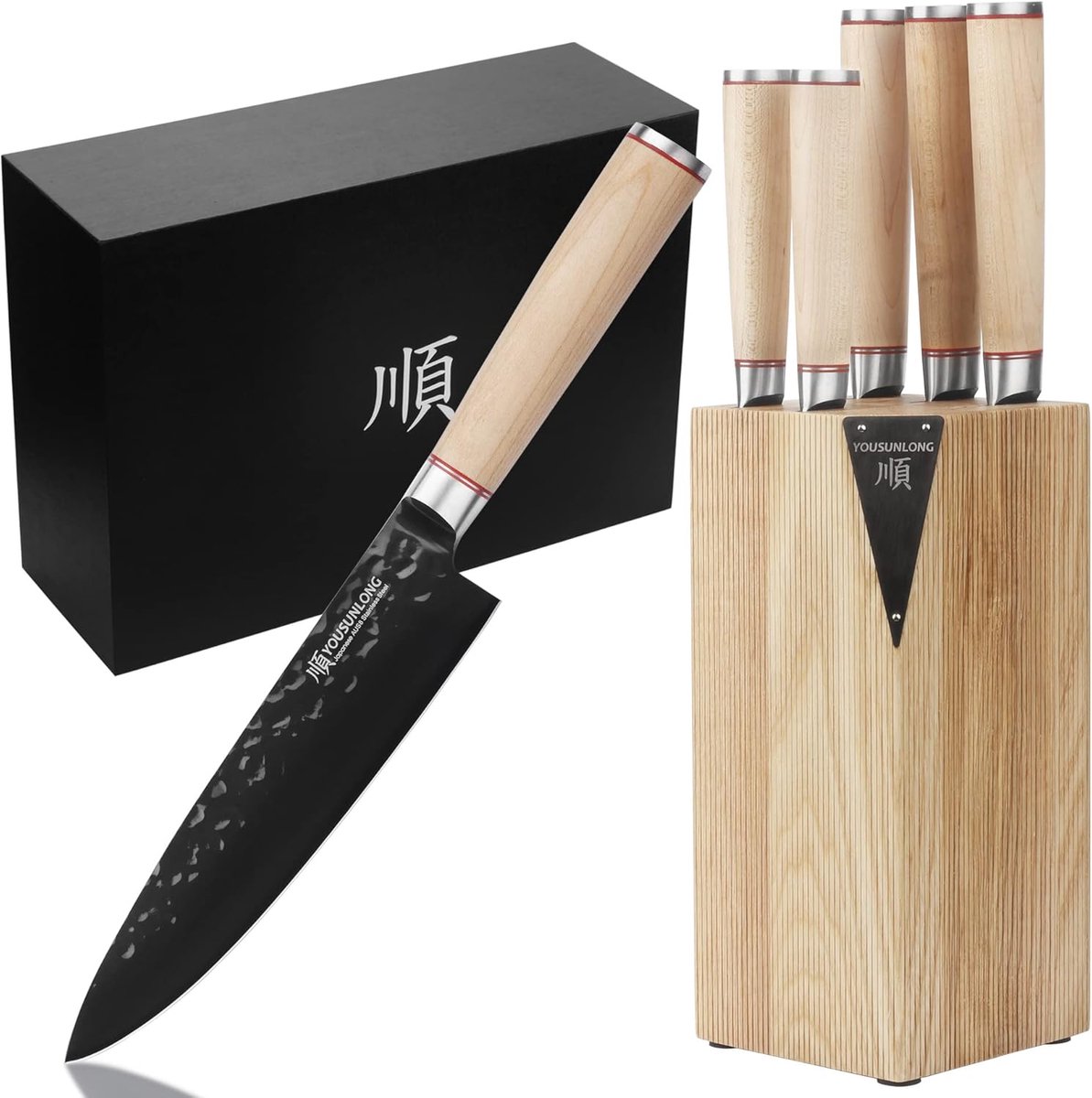 SnelShoppen - 5-delige Koksmes Set - Japans AUS8 Zwart Titanium Staal - Houten Messenset met Amerikaanse Fraxinus - Handvat van Canadees Esdoorn - Keu