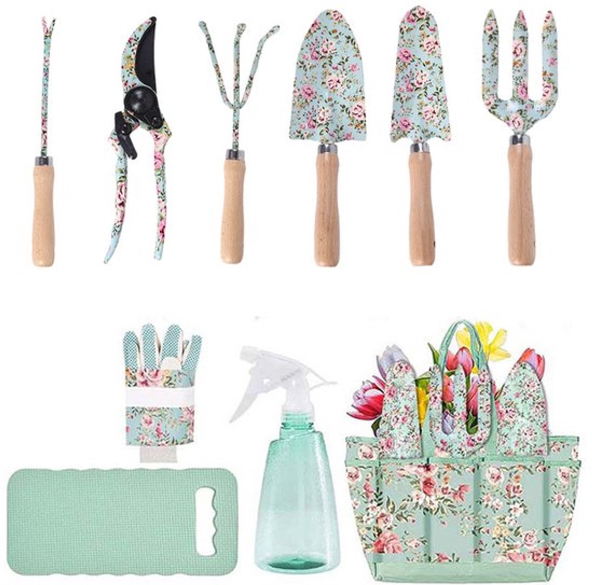 Tuingereedschap Set 10-delig – Met Opbergtas – Roestvast Staal – Ergonomische Houten Handvatten – Kniekussen en Handschoenen – 10 Stuks – Multicolor