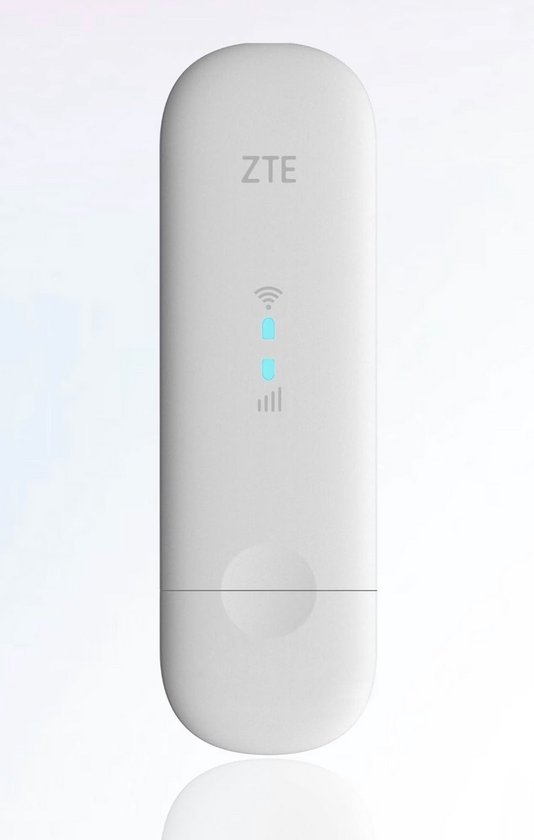 Witte ZTE MF79U-W mobiele 4G-WiFi-router met blauwe LED-indicatoren.