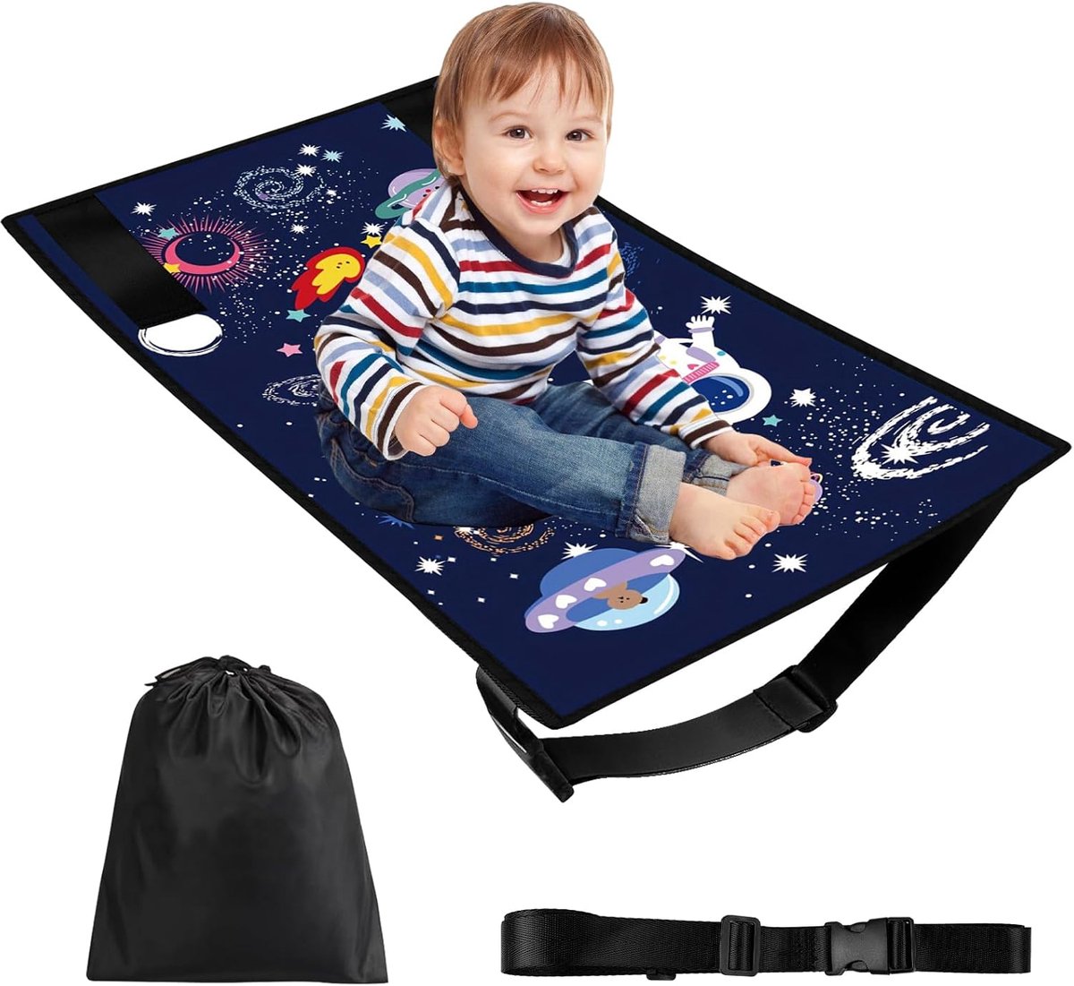 SnelShoppen - Kinder vliegtuigbed Seat Extension, 77 x 44 cm, Lichtgewicht Oxford Stof, Sterrenhemel Blauw, Ideaal voor Vliegtuigreizen en Kinderen