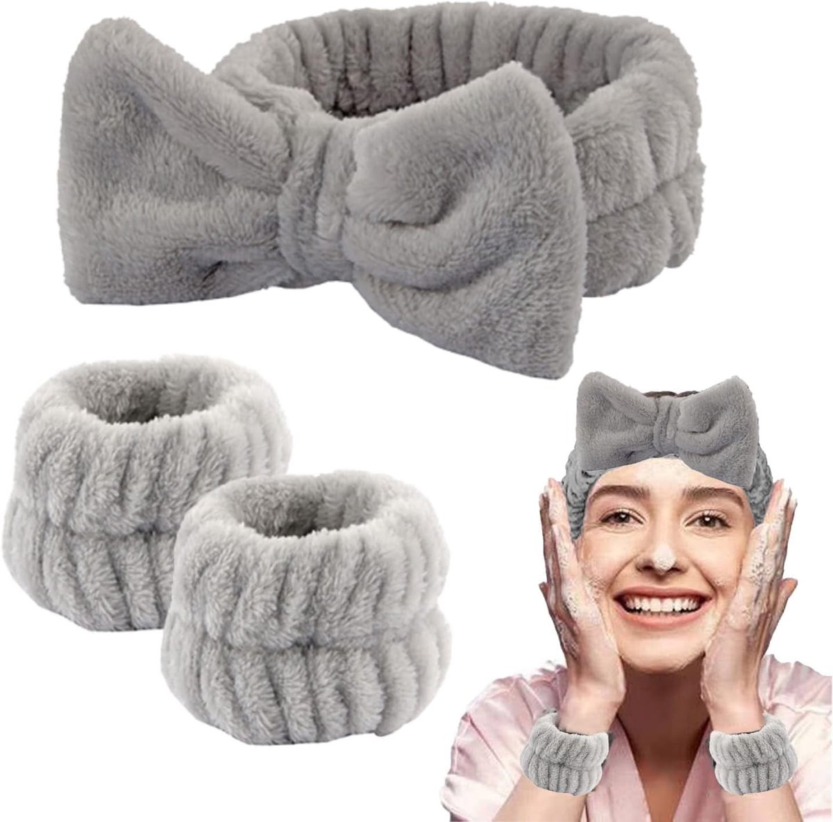 Spa headband set - 3-delig - Pluche en rekbaar - Beschermt haar tijdens make-up - SnelShoppen