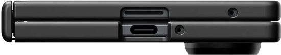 Zwart telefoonhoesje, de zijkant toont de USB-C poort en knoppen.