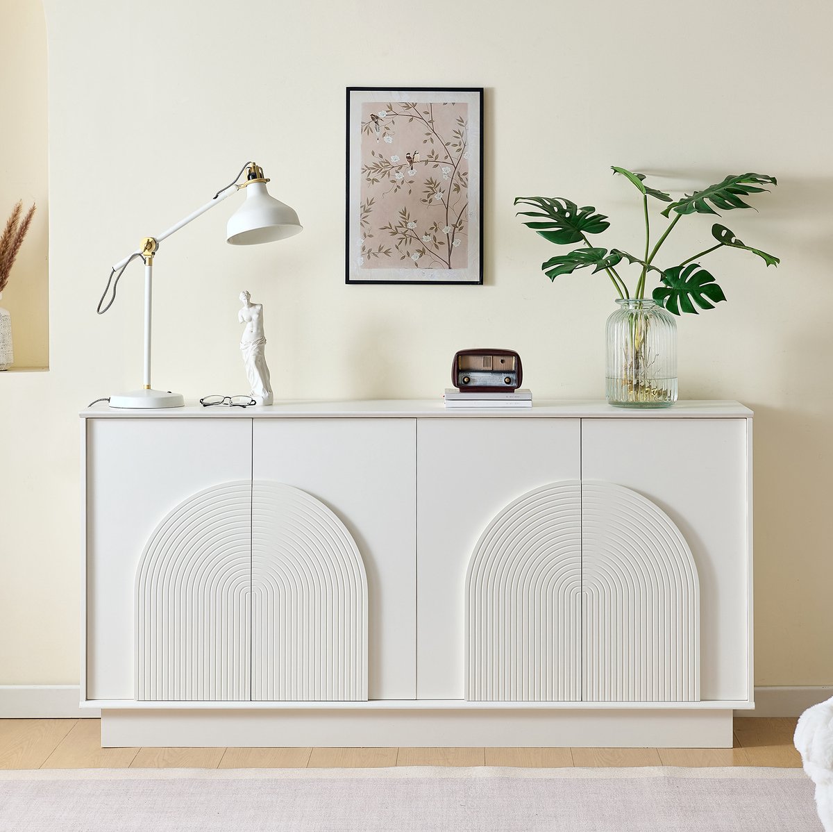 DESMIU Dressoir - Moderne Opbergkast Met Gebogen Deuren - 4 Deuren Voor Woonkamer En Eetkamer - MDF - 160x38x80 Cm - Wit