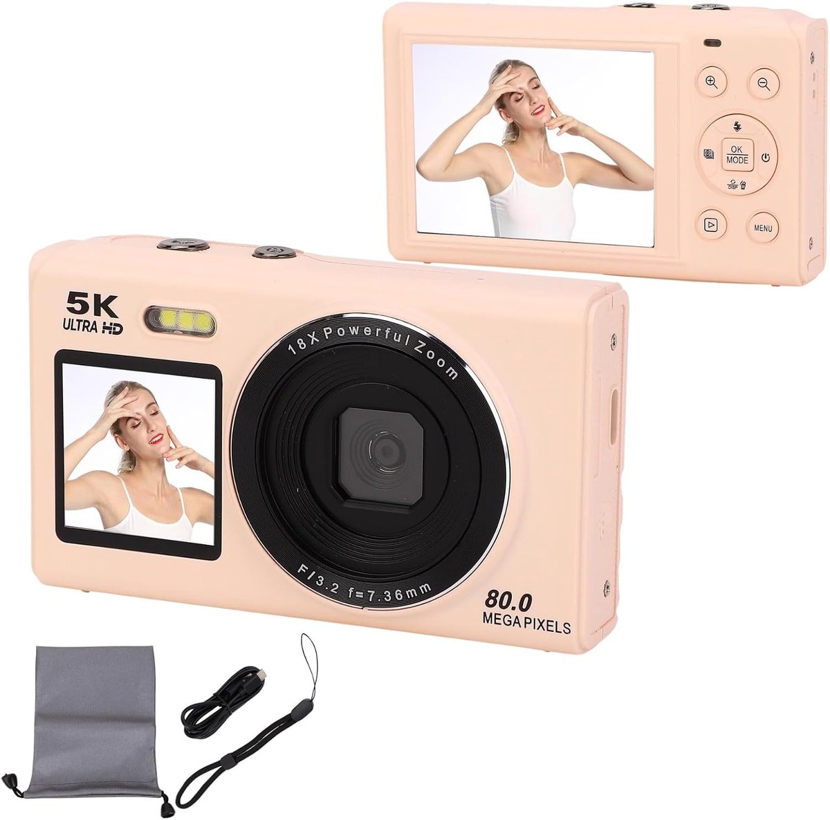SnelShoppen - Digitale Camera 5K 80MP met WLAN, 18X Digitale Zoom, Auto Focus, HD Vlogcamera met 2.8 Inch en 1.5 Inch Dubbel Scherm, Geïntegreerde Fli