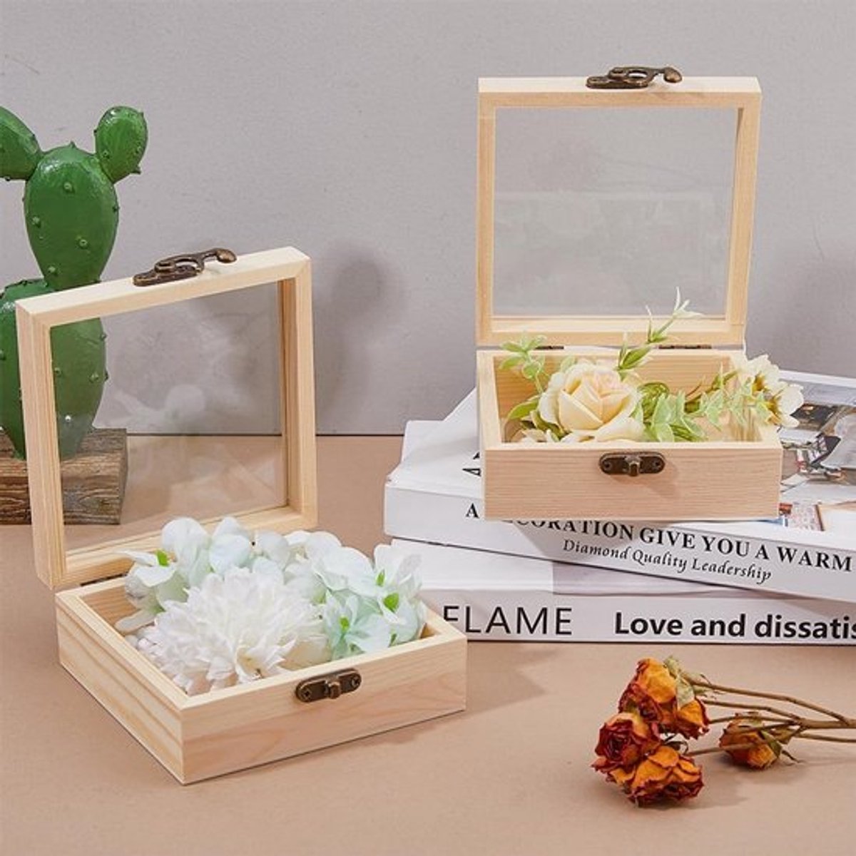 Houten Doos met Glazen Deksel - Kleine Houten Doos - Geschenkdozen - Sieraden Opslag - Decoratie - 12 x 12 cm - Sieradenbox