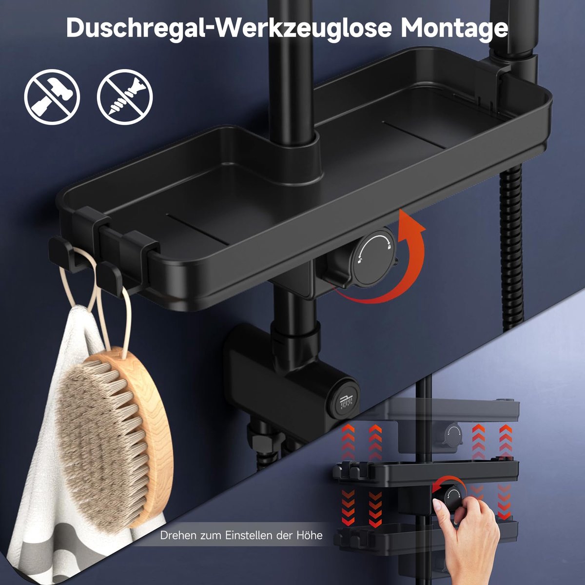 SnelShoppen - Rainsworth Douchesysteem met Plank Zwart 25x25 cm - Regendouche met 3 Straalsoorten, Messing Omvormer, Douchezuil voor Douche zonder Arm