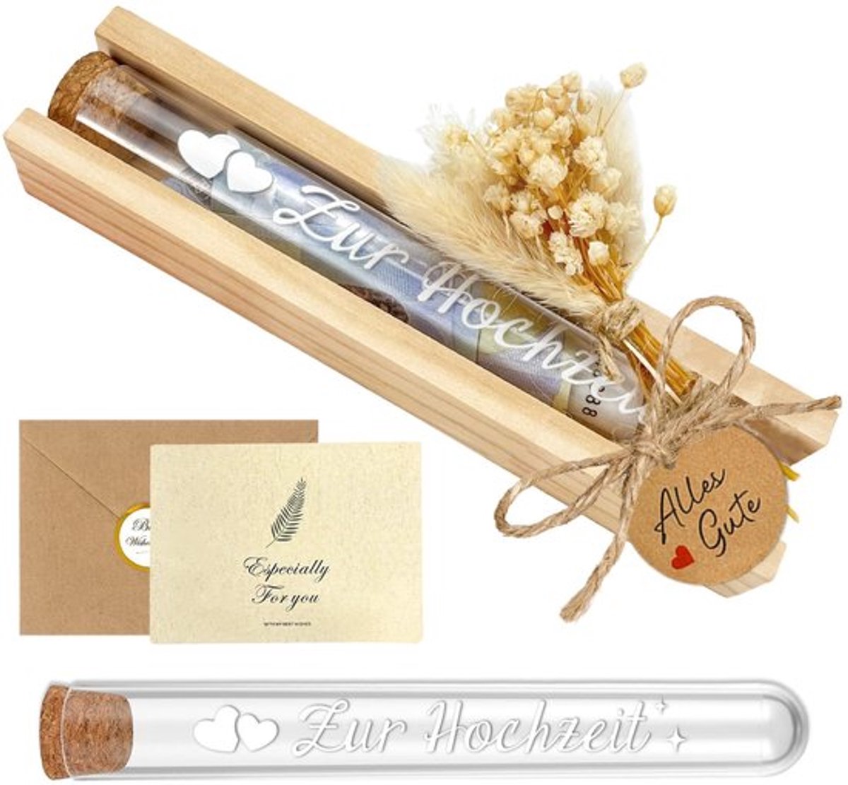 Geldgeschenk Elegant - Huwelijkscadeau - Bruiloftscadeauset - Geschenkdoos met Droogbloemen - Creatief Huwelijksgeschenk - Houten Sokkel