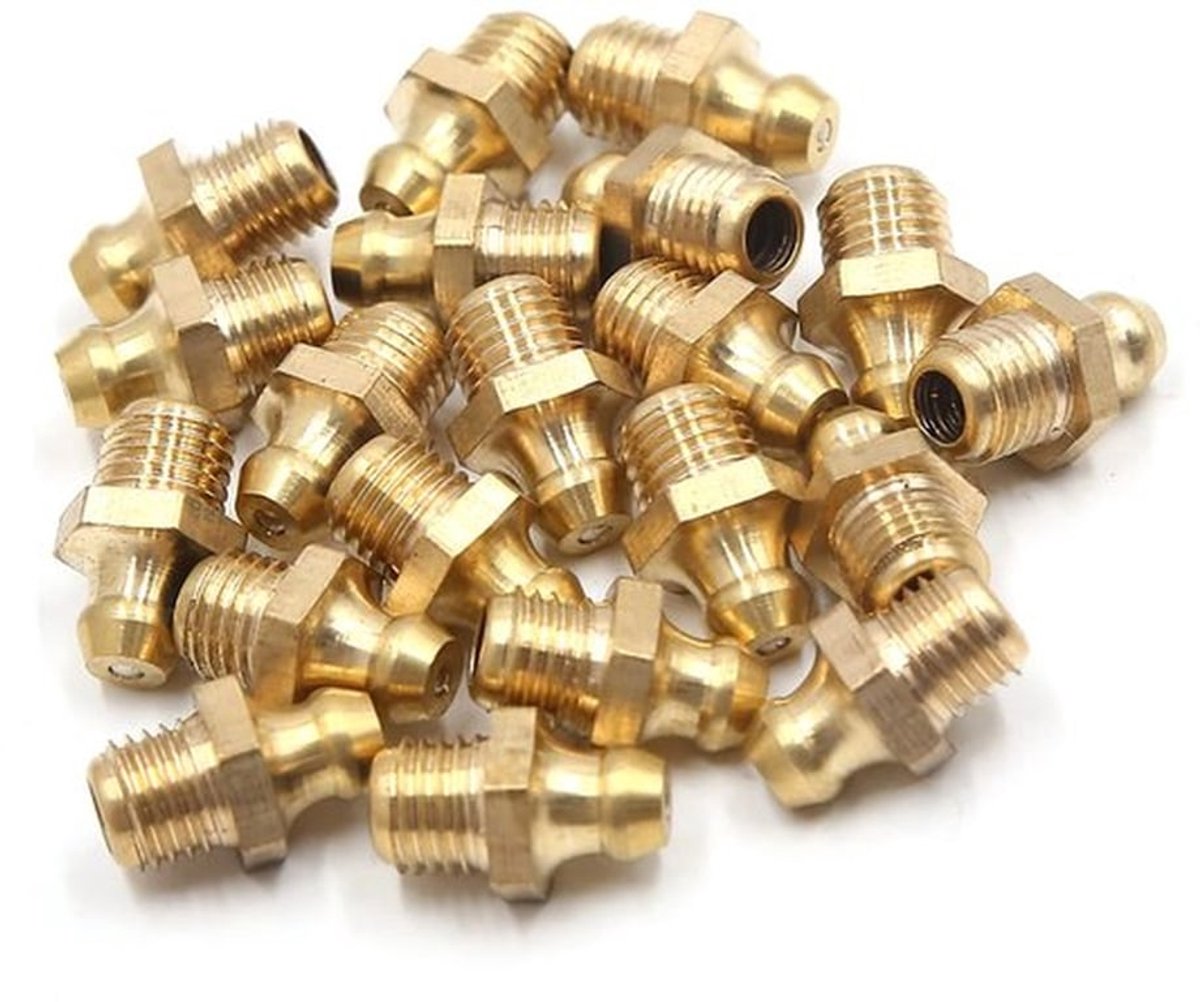Vet Zerk M8 x 1 Schroefdraad - Messing - Corrosiebestendig - 20 Stuks - Geschikt voor Automobiel/Motor - Diepe Schroefdraad - Smeernippel