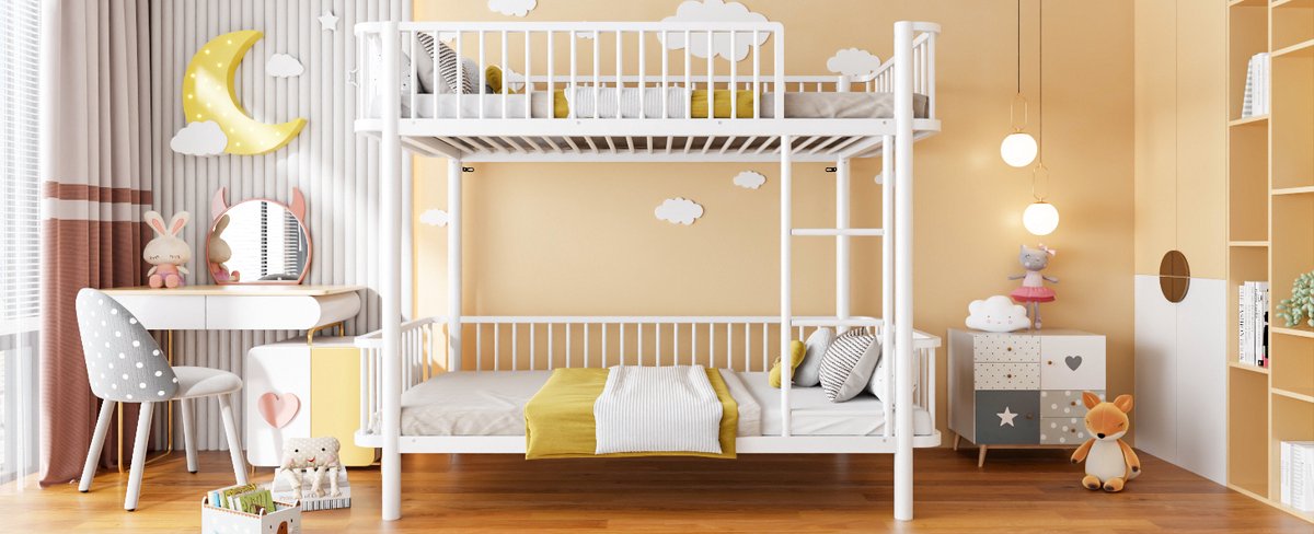 OKWISH Metalen Stapelbed 90x200cm - Ruimtebesparend Bed Met Afgeronde Hoeken En Veiligheidshekken - Voor Kinderen - Wit - Zonder Matras