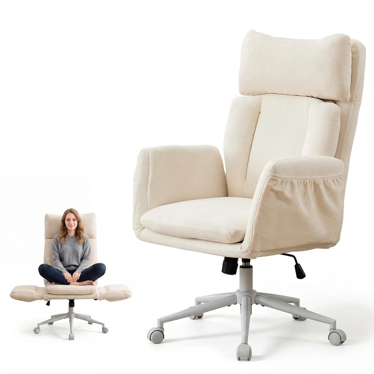 RosaBloom Bureaustoel - Computerstoel - Met Verstelbare Lendensteun - Opklapbare Armleuningen - 68x49x122,4 cm - Chenille - Beige